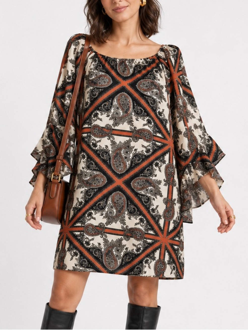 Voom by Joy Han Boho Shift Dress Bell Sleeve Paisley Scarf Print Large